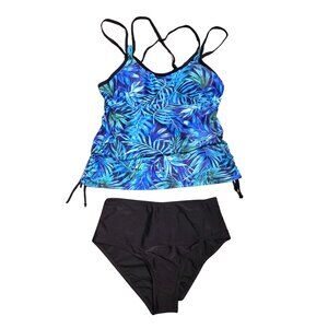 NWOT | Blue Tropical Palm Leaf Ruched High-Waisted Tankini Swimsuit | Small